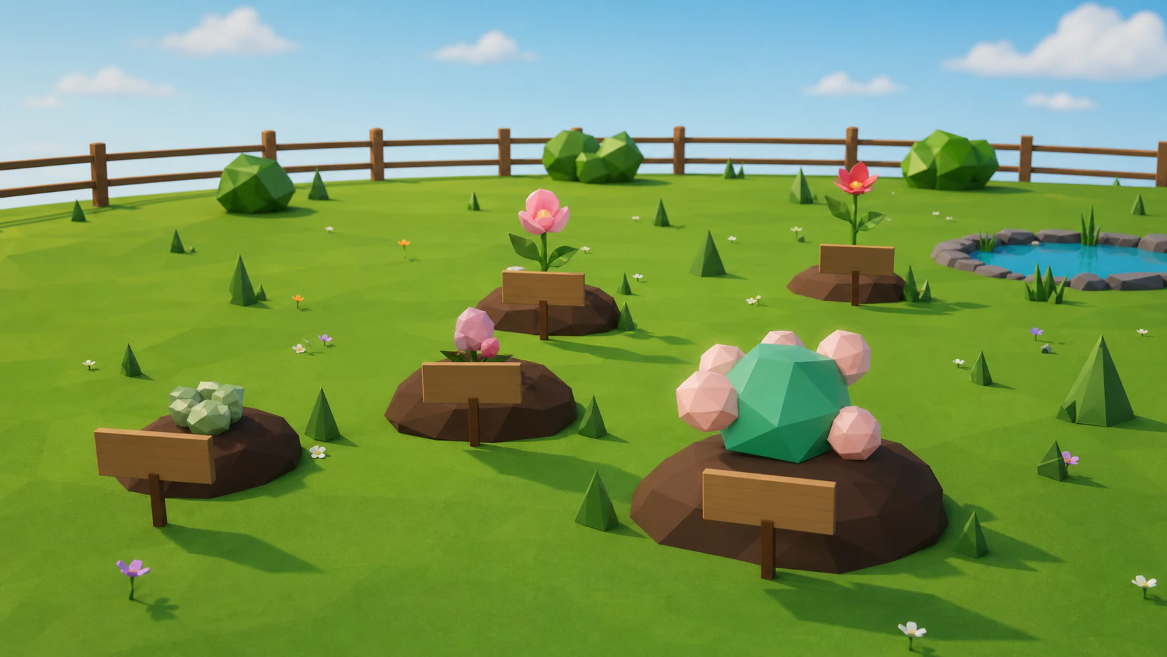A polished low-poly garden with several wishes growing as plants at different stages around a small pond.