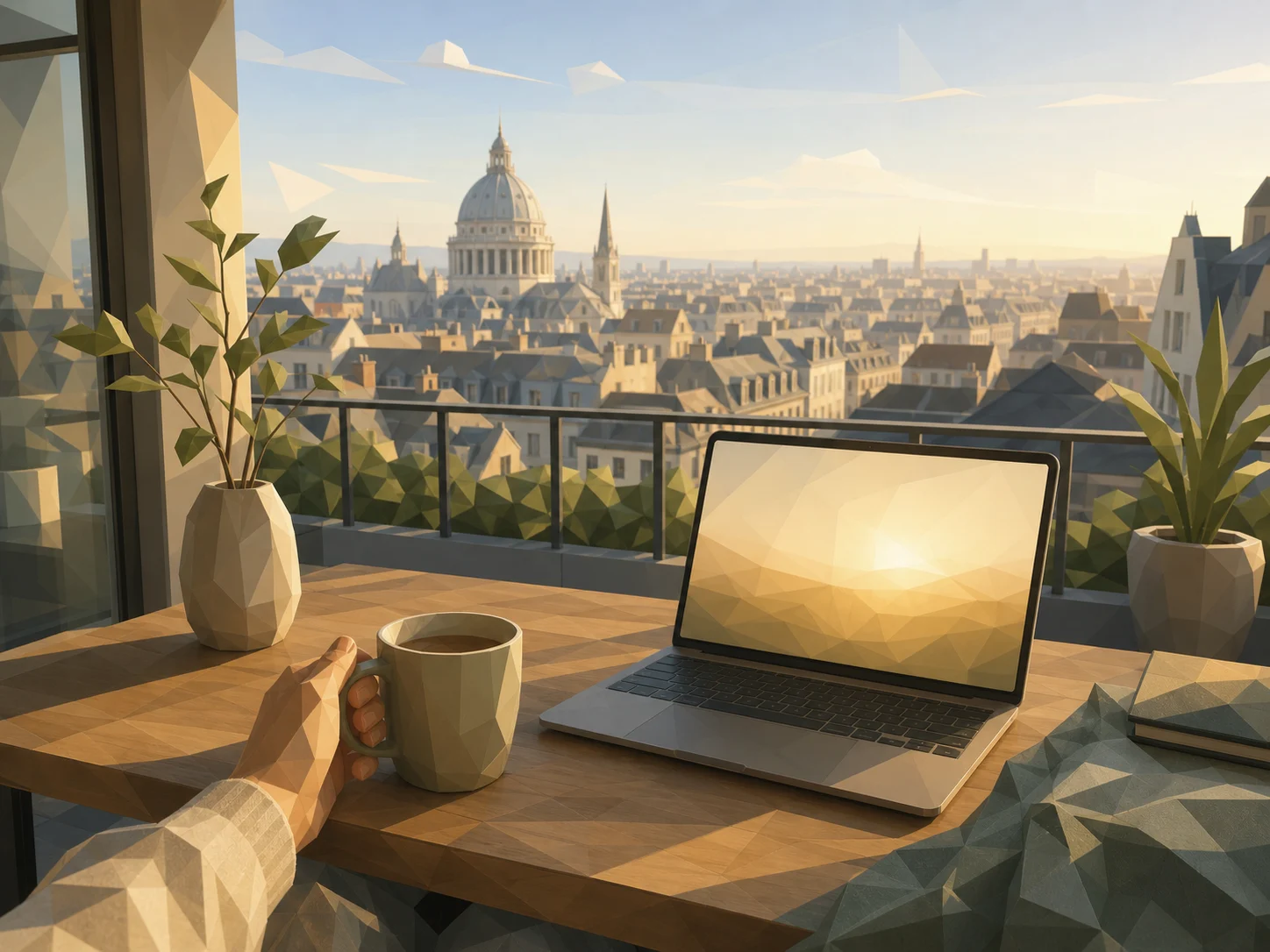 A calm low-poly first-person scene from a sunlit apartment: one hand holds a warm cup beside a laptop while the city wakes beyond the balcony.