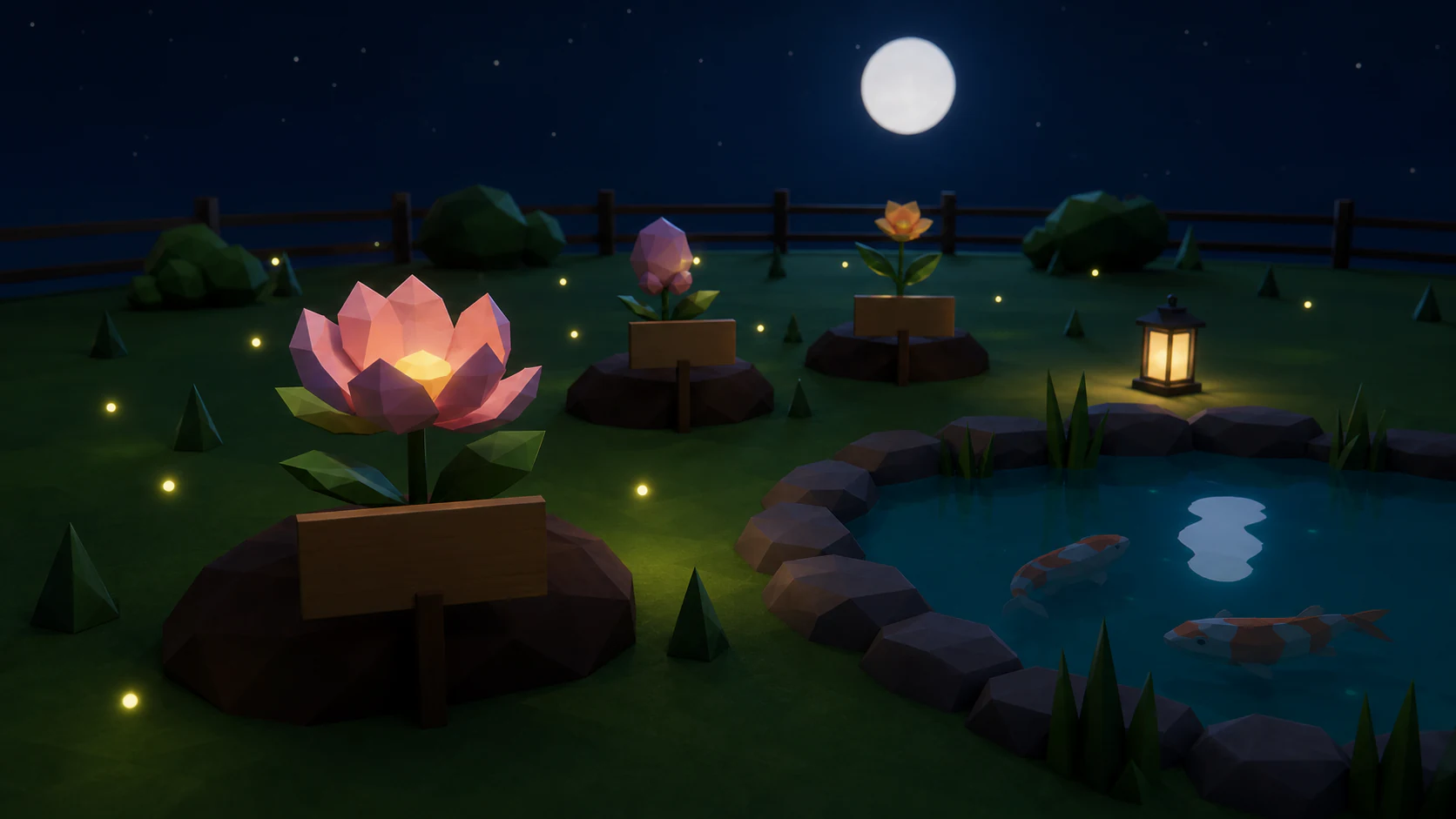 The quiet Garden of Mind at night, with a glowing lotus beside the pond.