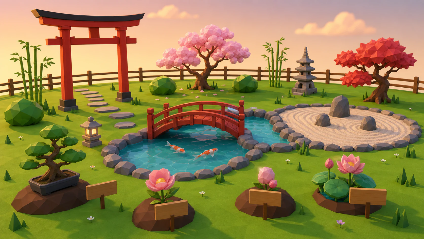 The complete Pro zen garden with a torii gate, red bridge, koi pond, raked stone garden, maple, bamboo, sakura, lantern, pagoda, bonsai and lotus.